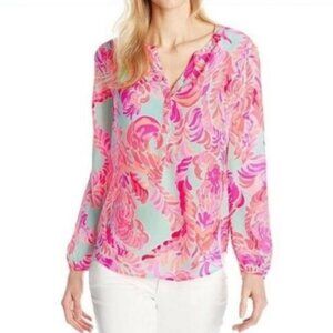 Lilly Pulitzer Stacey Silk Top Blouse Small Long Sleeve Pink Blue